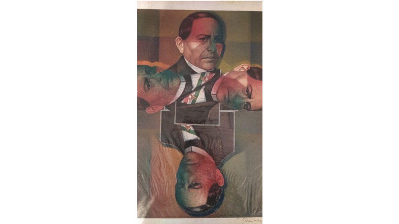 Felipe Ehrenberg. "La cruz de Juárez", 1981. Collage. 39 x 31,5 cm.  Vista de la obra durante la exposición "Espejulacciones" en Galería Freijo, 2018.