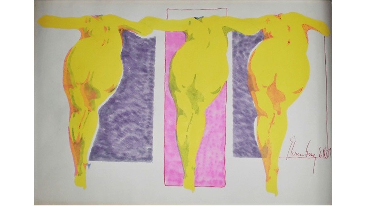 Felipe Ehrenberg. "Tres mujeres amarillas", 1968. Estarcidos con acrílicos sobre papel. 30 x 45 cm. Firmada y fechada. Pieza única.
