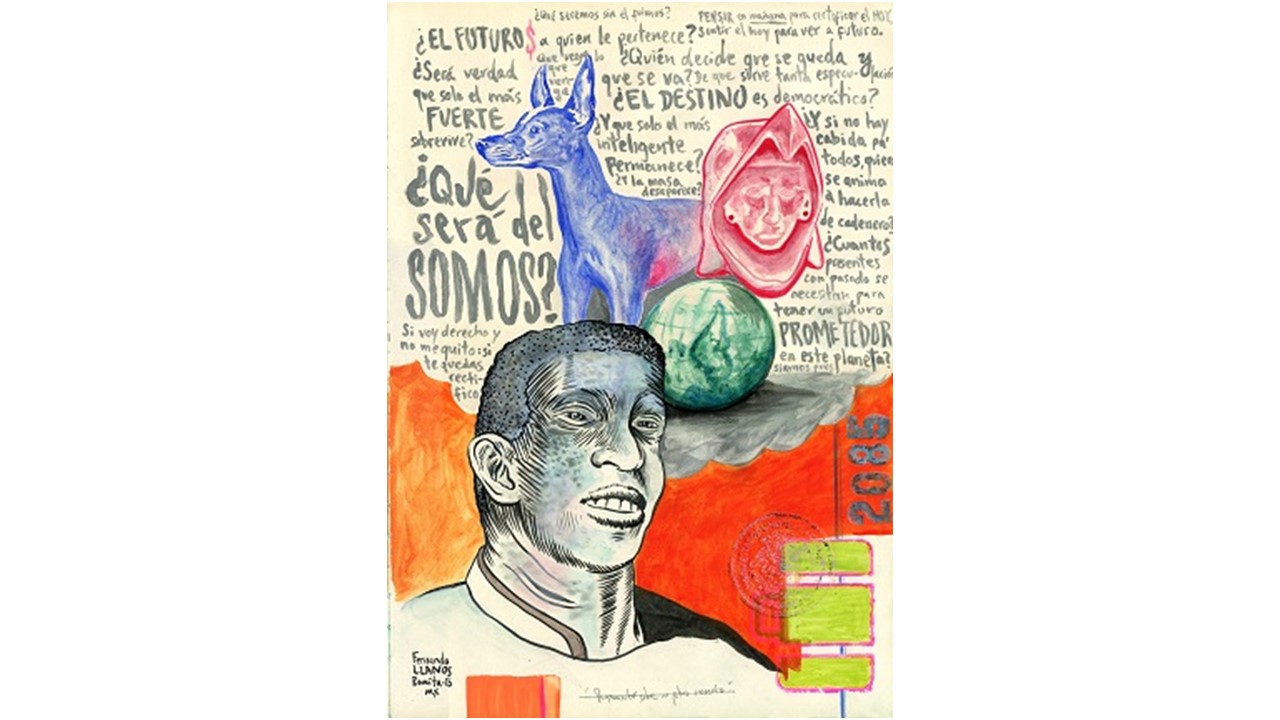F. Llanos. "Pensamientos sobre un futuro incierto", 2015. Tinta, acrílico y pigmento sobre papel. 42 x 30 cm. Pieza única.