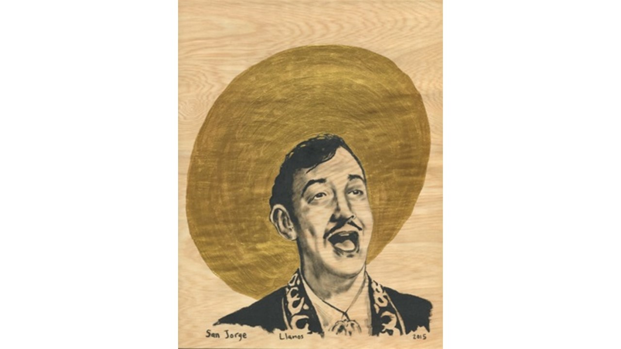 F. Llanos. "San Jorge", 2015. Serie Matria. Mica de oro y petróleo sobre madera. 28 x 21,4 cm. Firmado y fechado. Pieza única.
