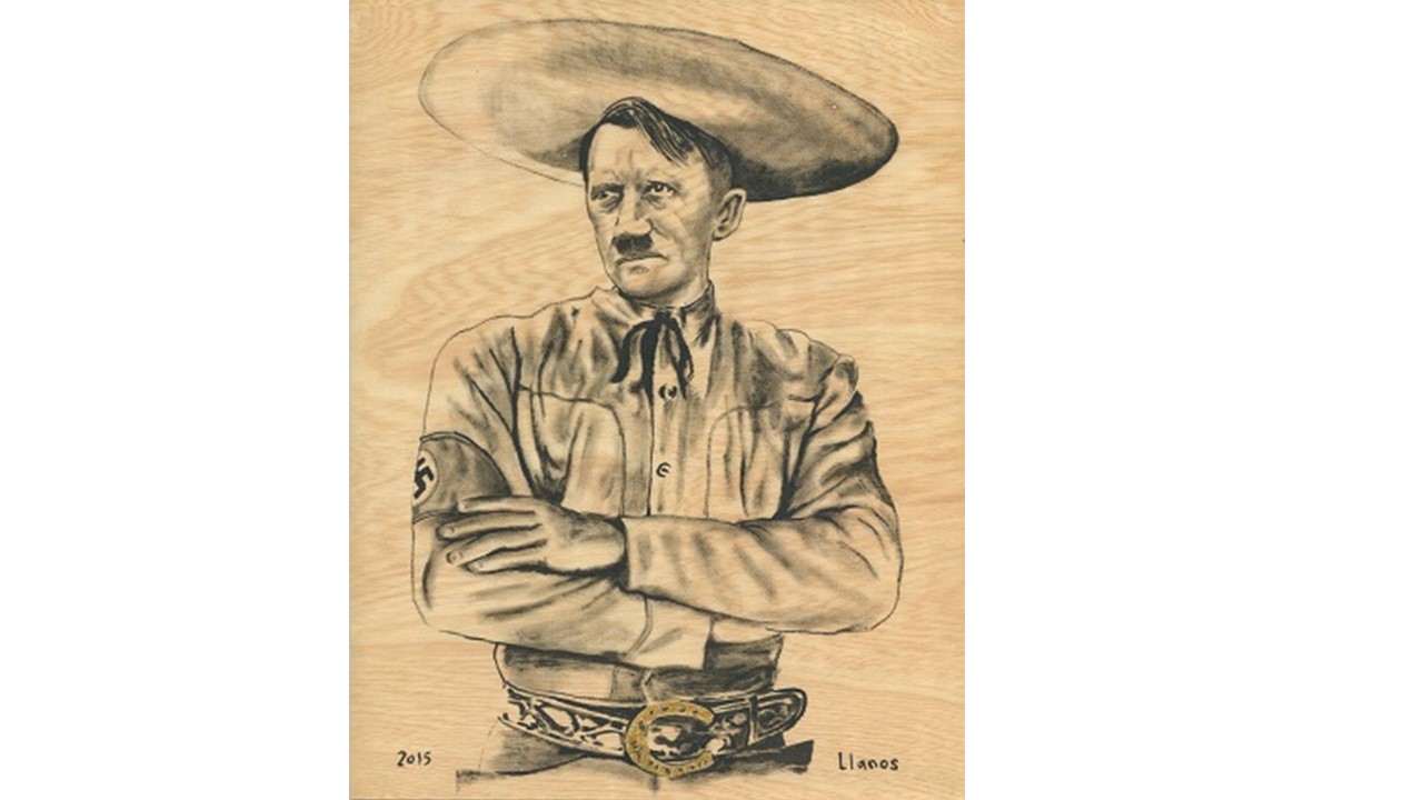 F. Llanos. "Adolfo vestido de charro". México, 2015.  Serie Matria. Mica de oro y petróleo sobre madera.  28 x 21,4 cm. Fechada y firmada.  Pieza única.