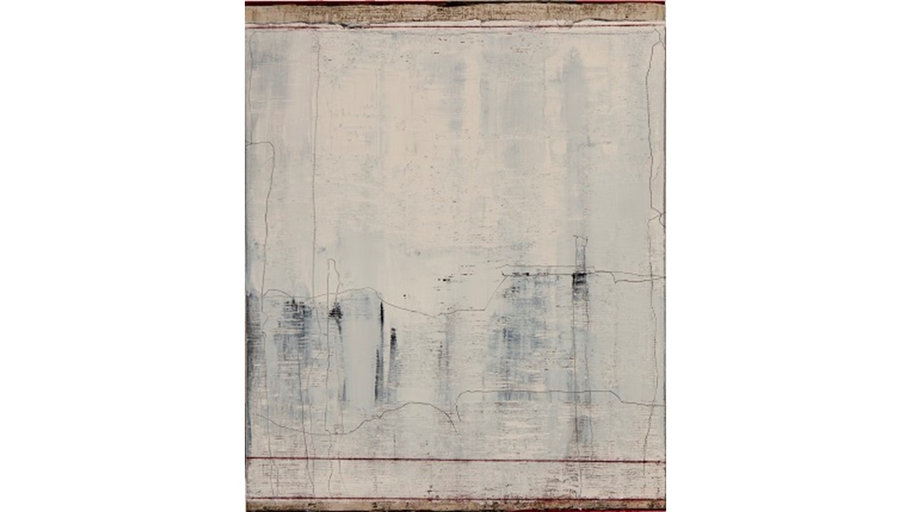 "Tres líneas carmín", 2019. Óleo y pigmento sobre contrachapado, 122 x 100 cm.