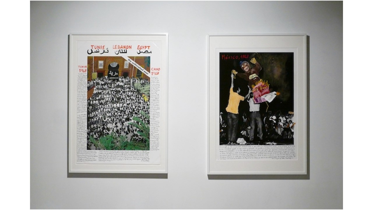 Vista de la exposición "1968: El fuego de las ideas" de Marcelo Brodsky (Argentina, 1954) en Galería Freijo, 2021.  Fotografías de movilizaciones sociales de la década de 1960, intervenidas por el autor a través de la pintura y la escritura.