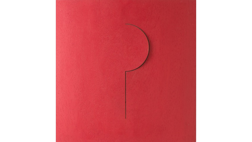Letra P, de "Abecedario", 2021. Lámina de madera cortada a láser, tensada y pintada al óleo. 39,3 x 39,3 cm