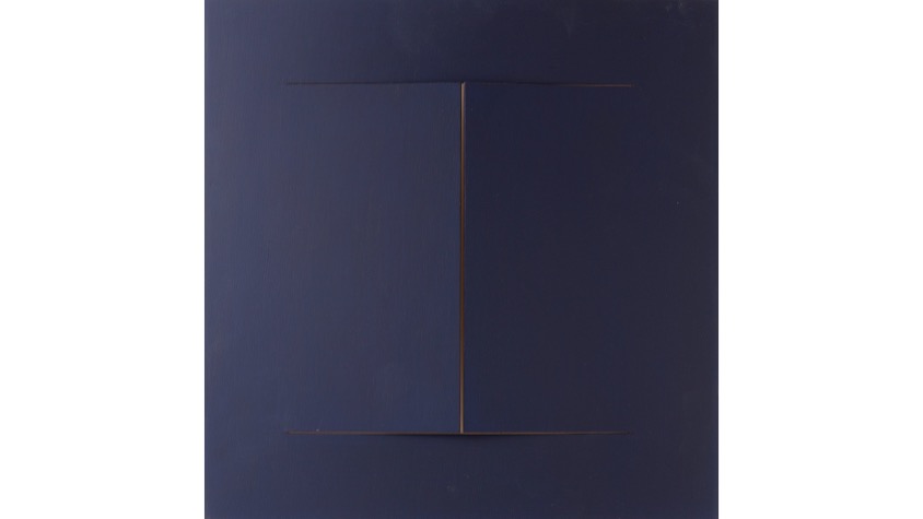 I,  "Abecedario", 2021. Lámina de contrachapado de madera cortada a láser, tensada y pintada al óleo. 39,3 x 39,3 cm