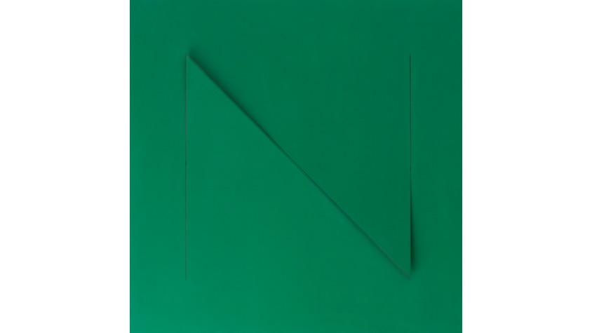 N, "Abecedario", 2021. Lámina de contrachapado de madera cortada a láser, tensada y pintada al óleo. 39,3 x 39,3 cm