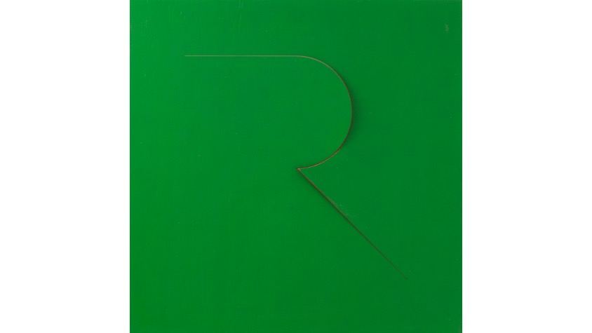 R, "Abecedario", 2021. Lámina de contrachapado de madera cortada a láser, tensada y pintada al óleo. 39,3 x 39,3 cm