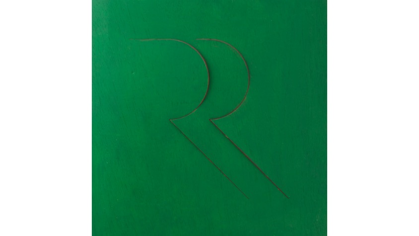 RR,  "Abecedario", 2021. Lámina de contrachapado de madera cortada a láser, tensada y pintada al óleo. 39,3 x 39,3 cm