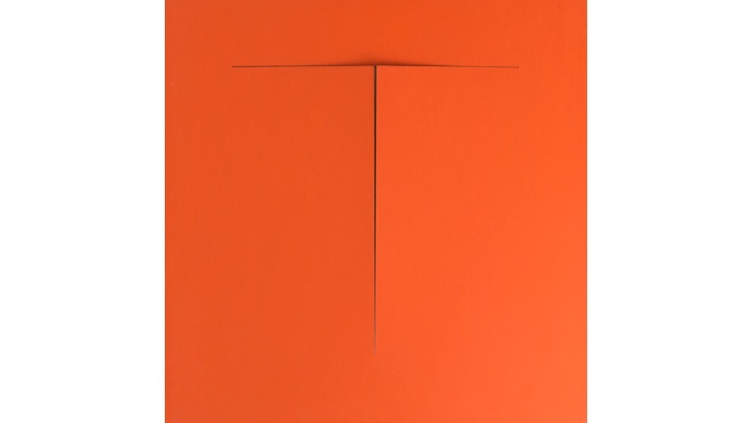 T, "Abecedario", 2021. Lámina de contrachapado de madera cortada a láser, tensada y pintada al óleo. 39,3 x 39,3 cm