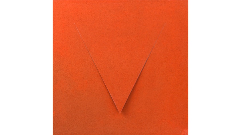 V,  "Abecedario", 2021. Lámina de contrachapado de madera cortada a láser, tensada y pintada al óleo. 39,3 x 39,3 cm